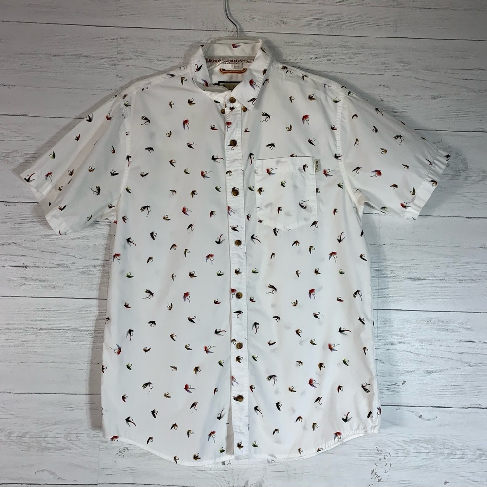 Dravus Shirt Mens size M Fly Fishing Lure Print Cotton Short Sleeve Button Down
